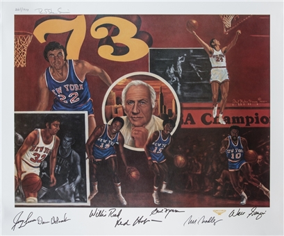 1972-73 New York Knicks Multi Signed Litho With 7 Signatures Including Frazier, Reed & Monroe (LE 265/1973) (Beckett)